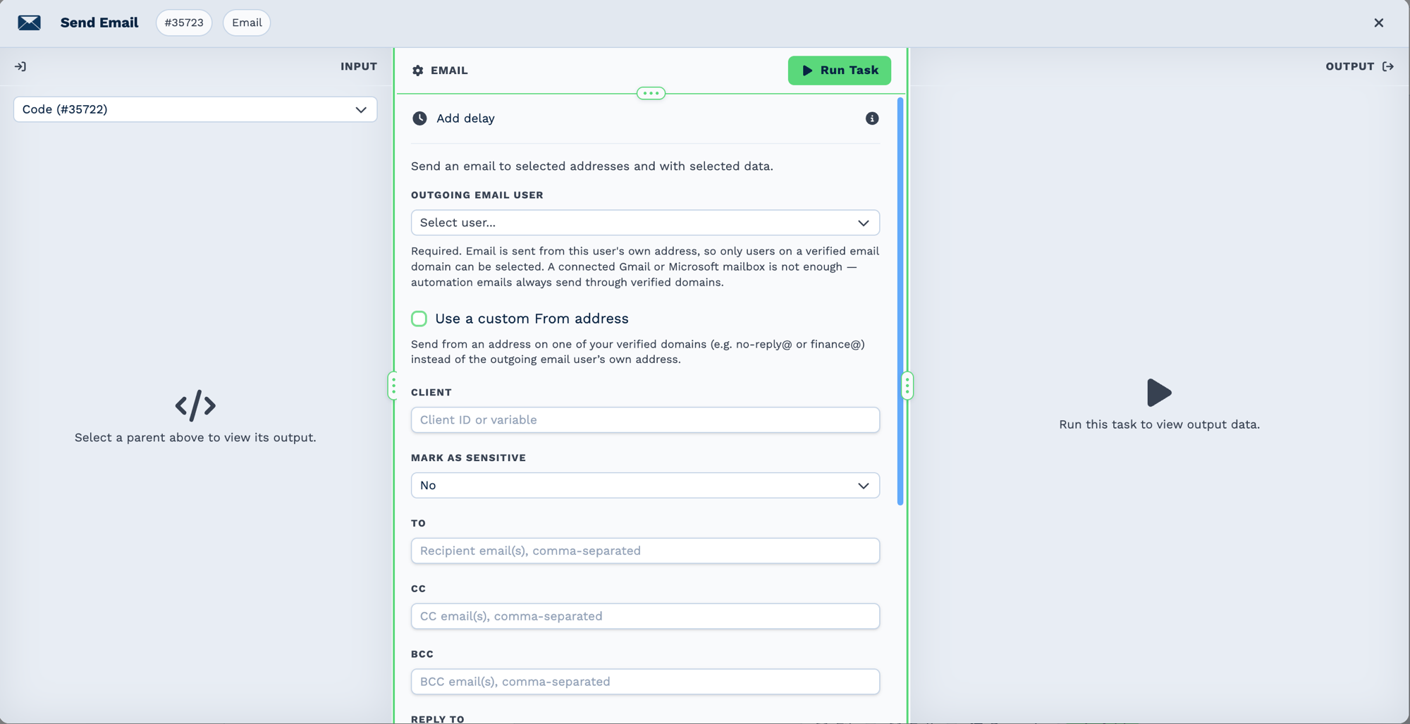 The Email task configuration panel. An Outgoing Email User selector reads "Select user..." above a note: email is sent from that user's own address, so only users on a verified email domain can be selected, and a connected Gmail or Microsoft mailbox is not enough because automation emails always send through verified domains. Below are a custom From address option, a Client field taking a client ID or variable, Mark as Sensitive set to No, and To, CC and BCC fields