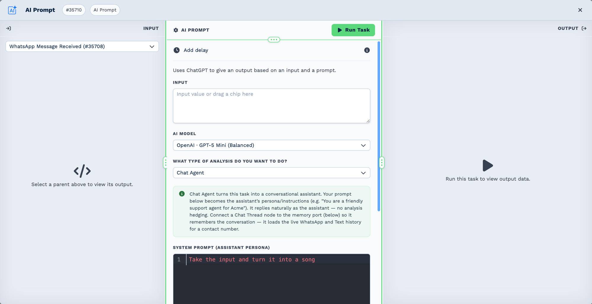 The AI Prompt task configuration panel. An Input field accepts a value or a dragged chip, the AI Model is set to OpenAI GPT-5 Mini (Balanced), and the analysis type is set to Chat Agent. A note explains that Chat Agent turns the task into a conversational assistant whose persona comes from the prompt below, and that connecting a Chat Thread node to the memory port lets it remember the conversation. Below is a System Prompt editor holding the assistant's instructions