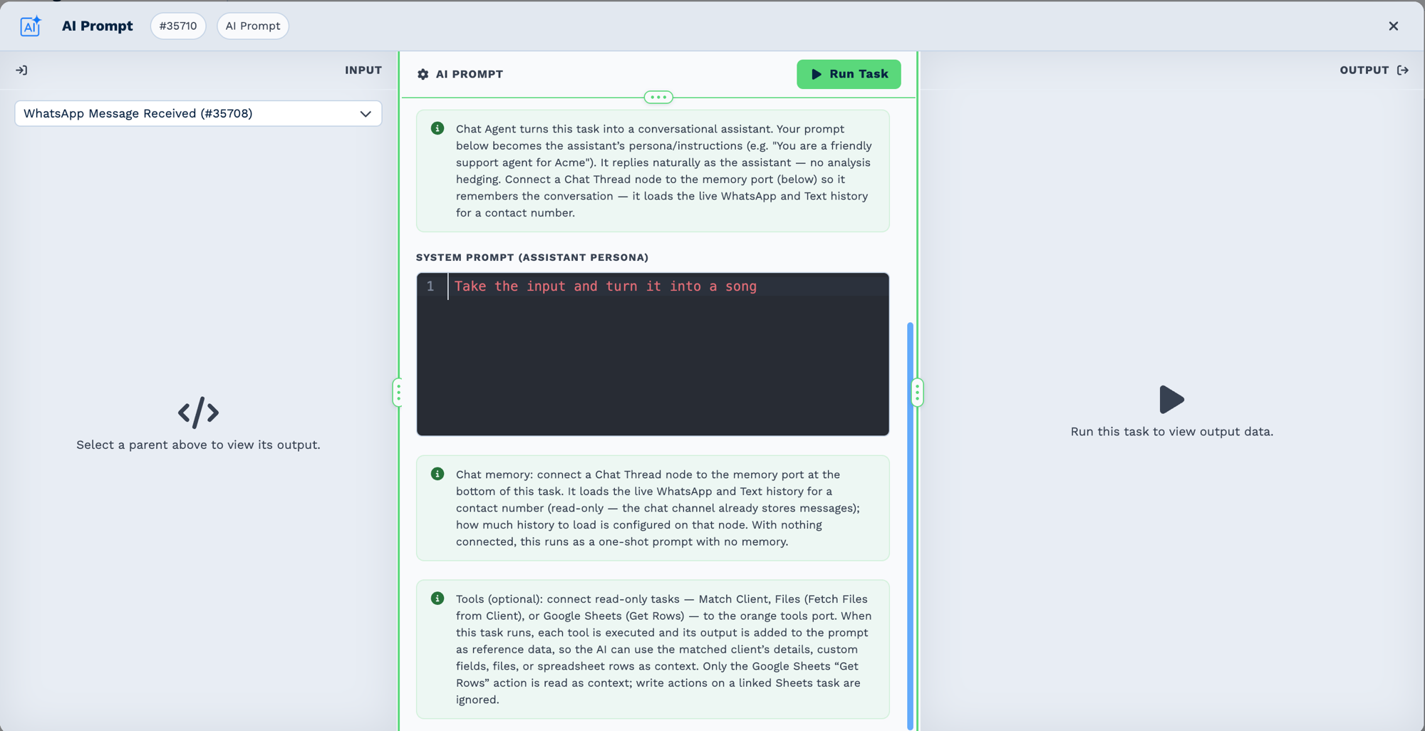 The lower half of the AI Prompt panel. Beneath the System Prompt editor, two notes explain the extra ports: chat memory, where a Chat Thread node connected to the memory port loads live WhatsApp and Text history read-only and, with nothing connected, the task runs as a one-shot prompt with no memory; and tools, where read-only tasks such as Match Client, Files or Google Sheets Get Rows connect to the orange tools port and have their output added to the prompt as reference data, with write actions on a linked Sheets task ignored