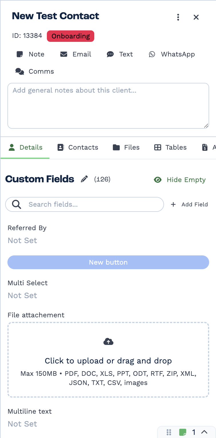 The Custom Fields section of a client record in BaseCloud. A header reads Custom Fields with an edit pencil, a count of 126, and a Hide Empty toggle, above a field search box and an Add Field button. Below it, fields of different types are listed: a Referred By text field, a button, a Multi Select field, a file upload area accepting PDF, DOC, XLS, PPT, ODT, RTF, ZIP, XML, JSON, TXT, CSV and images up to 150MB, and a multiline text field