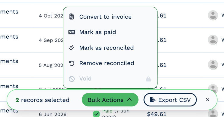 Two documents selected: the bar says 2 records selected, with Bulk Actions open — Convert to invoice, Mark as paid, Mark as reconciled, Remove reconciled, and Void locked — and an Export CSV button