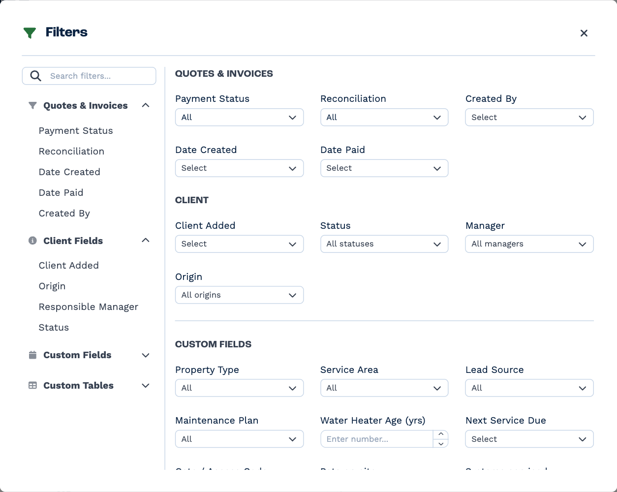 The Filters window: Payment Status, Reconciliation, Created By, Date Created and Date Paid for quotes and invoices, then filters on the client — Client Added, Status, Manager, Origin — and on its custom fields