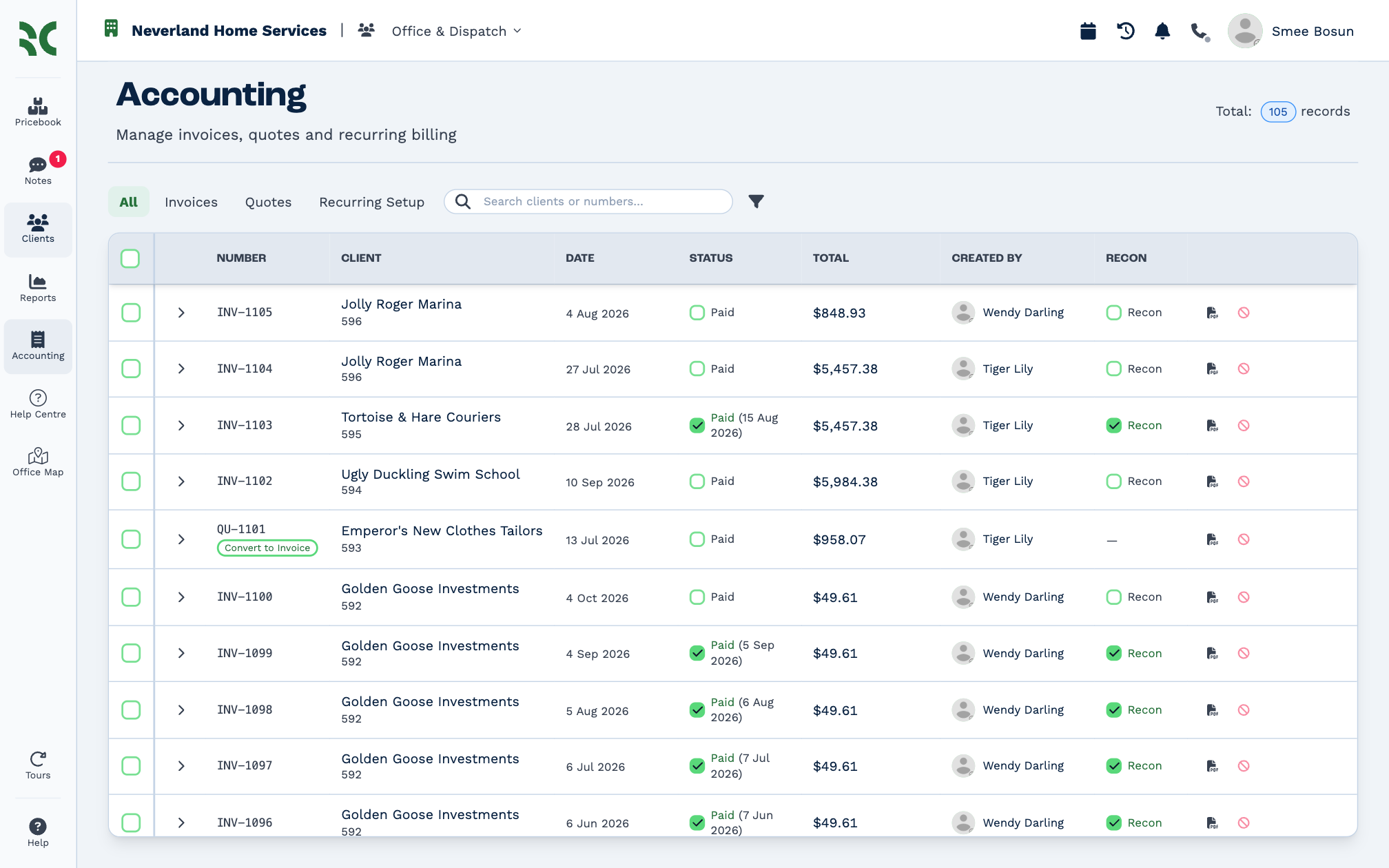 The Accounting page: All, Invoices, Quotes and Recurring Setup tabs, a search box and filter, and a table of documents with Number, Client, Date, Status, Total, Created By and Recon columns
