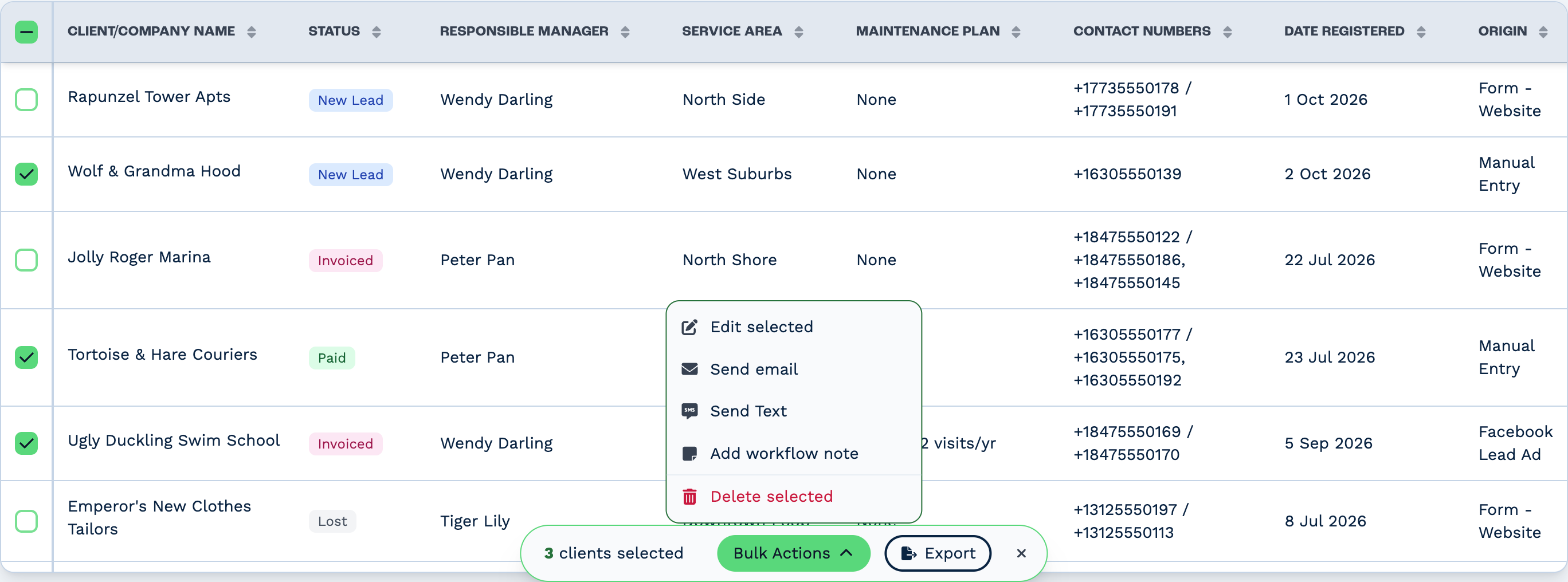 Three clients ticked in the Clients table. The bar at the bottom reads "3 clients selected", with the Bulk Actions menu open above it showing Edit selected, Send email, Send Text, Add workflow note and Delete selected, and an Export button beside it