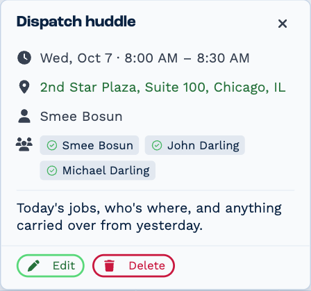 A meeting opened in the calendar: Dispatch huddle, Wed Oct 7 8:00–8:30 AM, at 2nd Star Plaza, organized by Smee Bosun, with Smee Bosun, John Darling and Michael Darling invited, its notes, and Edit and Delete buttons