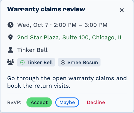 An invitation opened in the calendar: Warranty claims review, Wed Oct 7 2:00–3:00 PM at 2nd Star Plaza, organized by Tinker Bell, with Tinker Bell and Smee Bosun invited, a note, and RSVP: Accept, Maybe and Decline