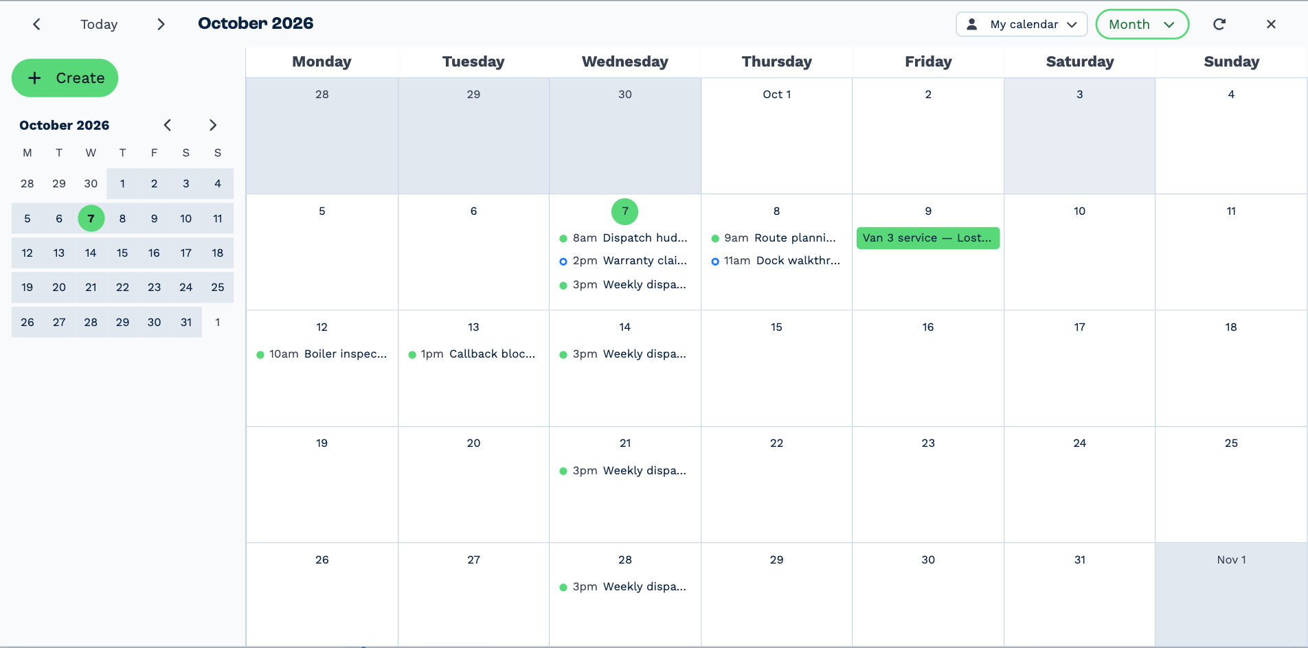 The month view of October 2026: each day lists its meetings with their start times — a Dispatch huddle, Warranty claims review and Weekly dispatch review on the 7th, an all-day Van 3 service on the 9th, and the Weekly dispatch review again every Wednesday