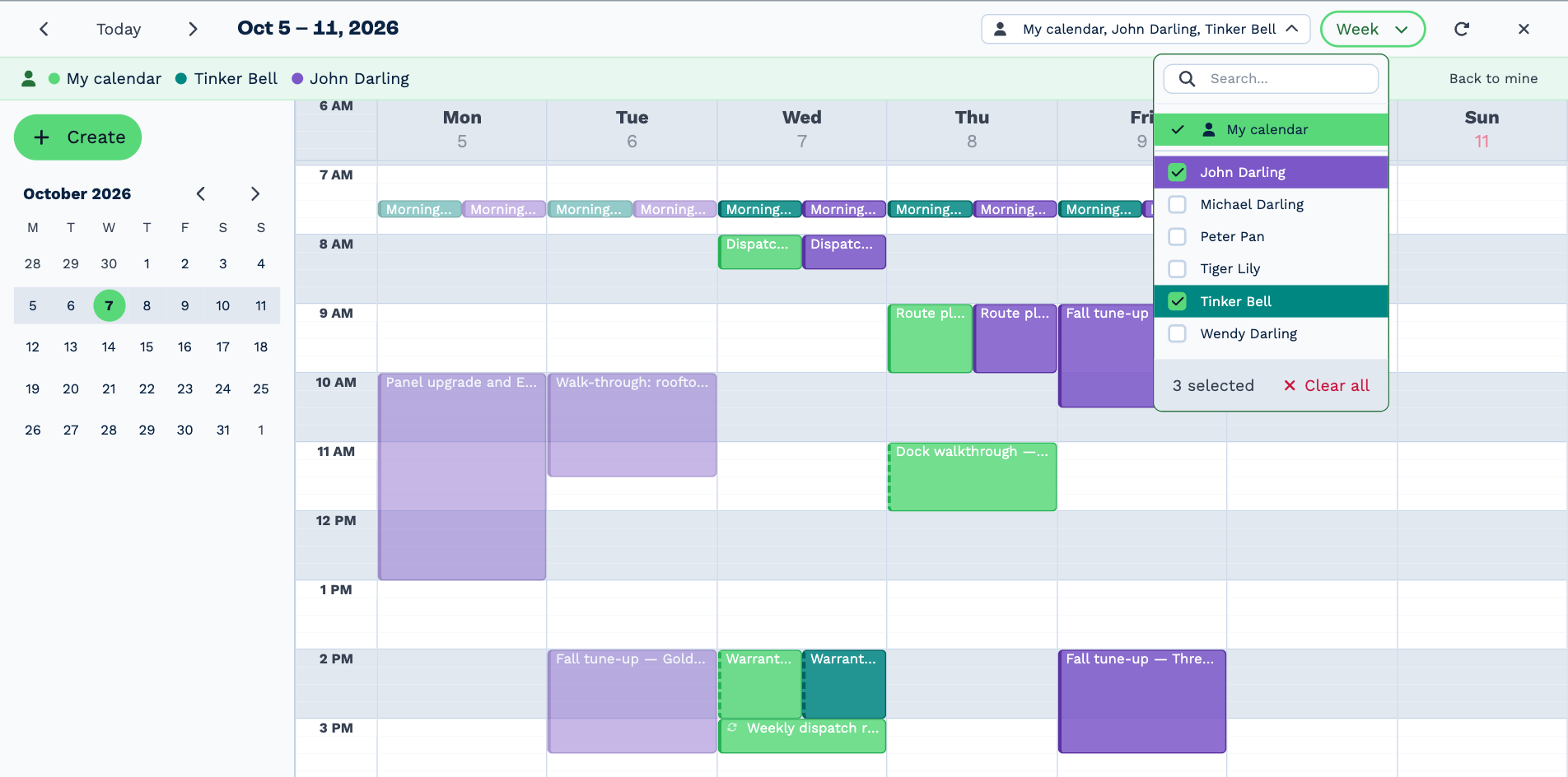 The people picker open with My calendar, John Darling and Tinker Bell ticked. The strip under the heading shows a coloured dot for each, the week shows their meetings side by side in green, teal and purple, and Back to mine is on the right