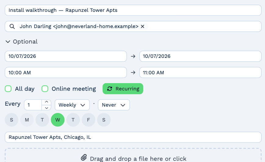 The recurring options under the meeting's times: Every 1 Weekly, Never, and the days S M T W T F S with W picked