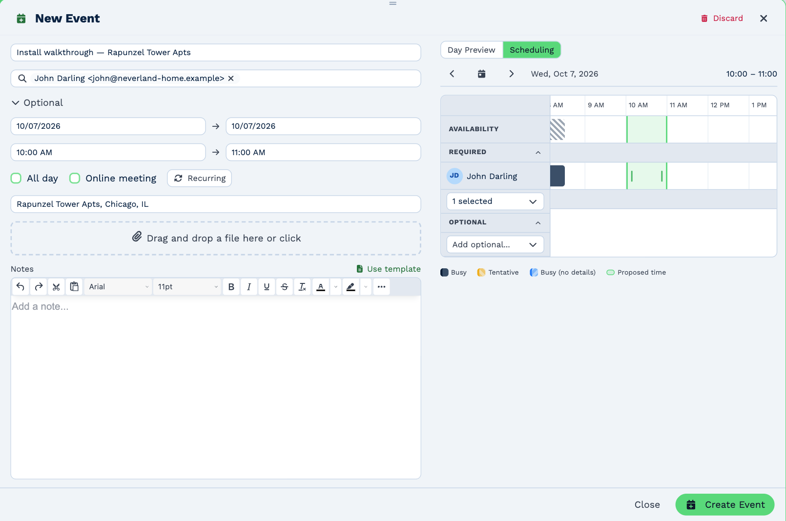 The Scheduling tab for a 10:00–11:00 meeting: an Availability row, then John Darling under Required with a busy block at 8 AM and the proposed hour marked in green, Add optional, and a key — Busy, Tentative, Busy (no details) and Proposed time