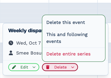 The same meeting with the Delete menu open: Delete this event, This and following events, and Delete entire series