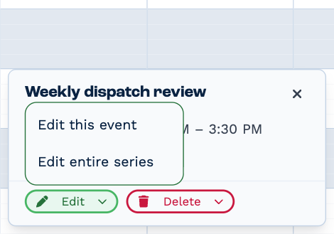 A repeating meeting opened in the calendar with the Edit menu open: Edit this event and Edit entire series