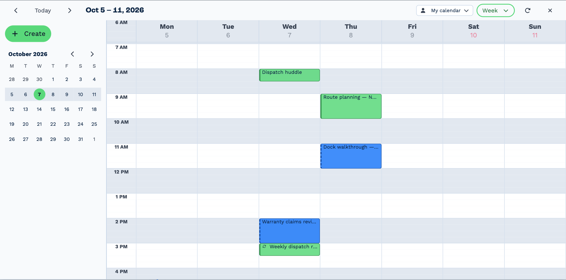 The calendar open on the week of October 5: Today and the arrows, My calendar, Week and Refresh along the top, the Create button and a small month on the left, and Smee Bosun's week — a Dispatch huddle, a Warranty claims review and a repeating Weekly dispatch review on Wednesday, and Route planning and a Dock walkthrough on Thursday