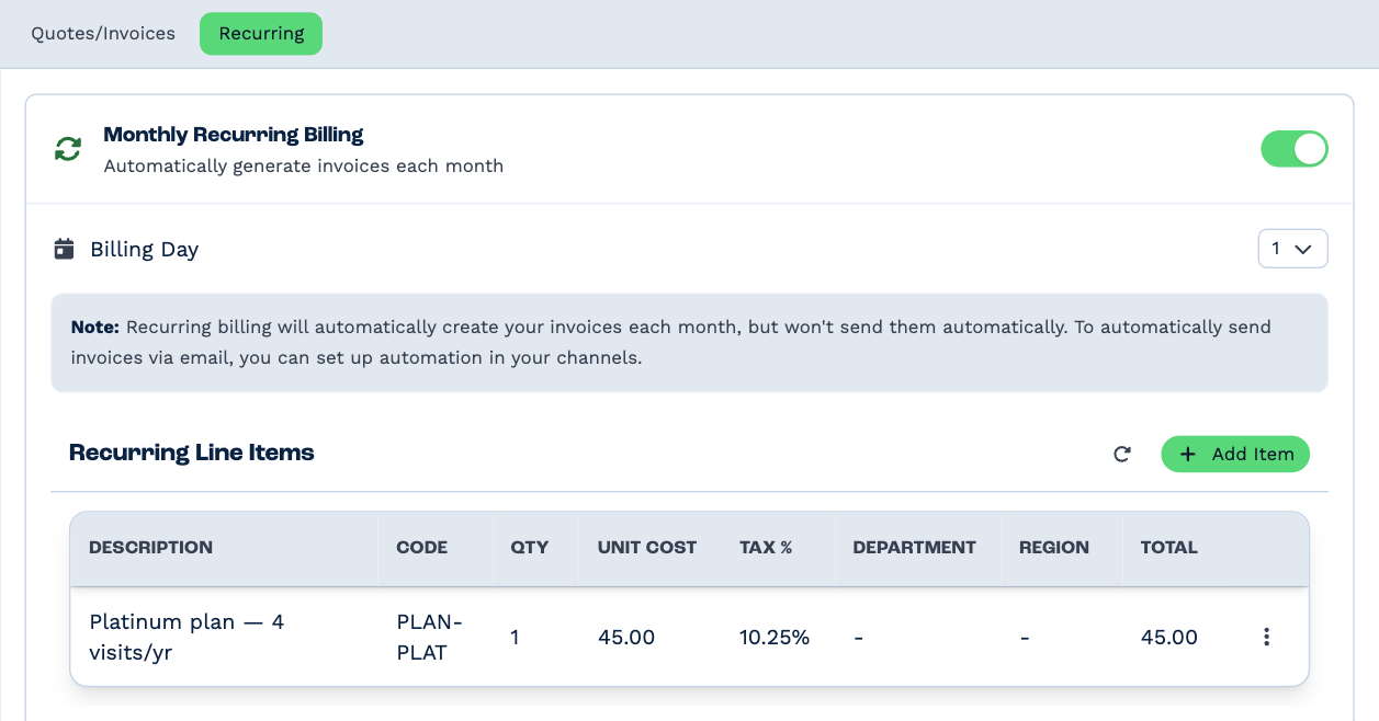 A client's Recurring tab: Monthly Recurring Billing switched on, Billing Day 1, a note that recurring billing creates invoices but doesn't send them, and one Recurring Line Item — Platinum plan, 4 visits a year, code PLAN-PLAT, 1 at 45.00 with 10.25% tax
