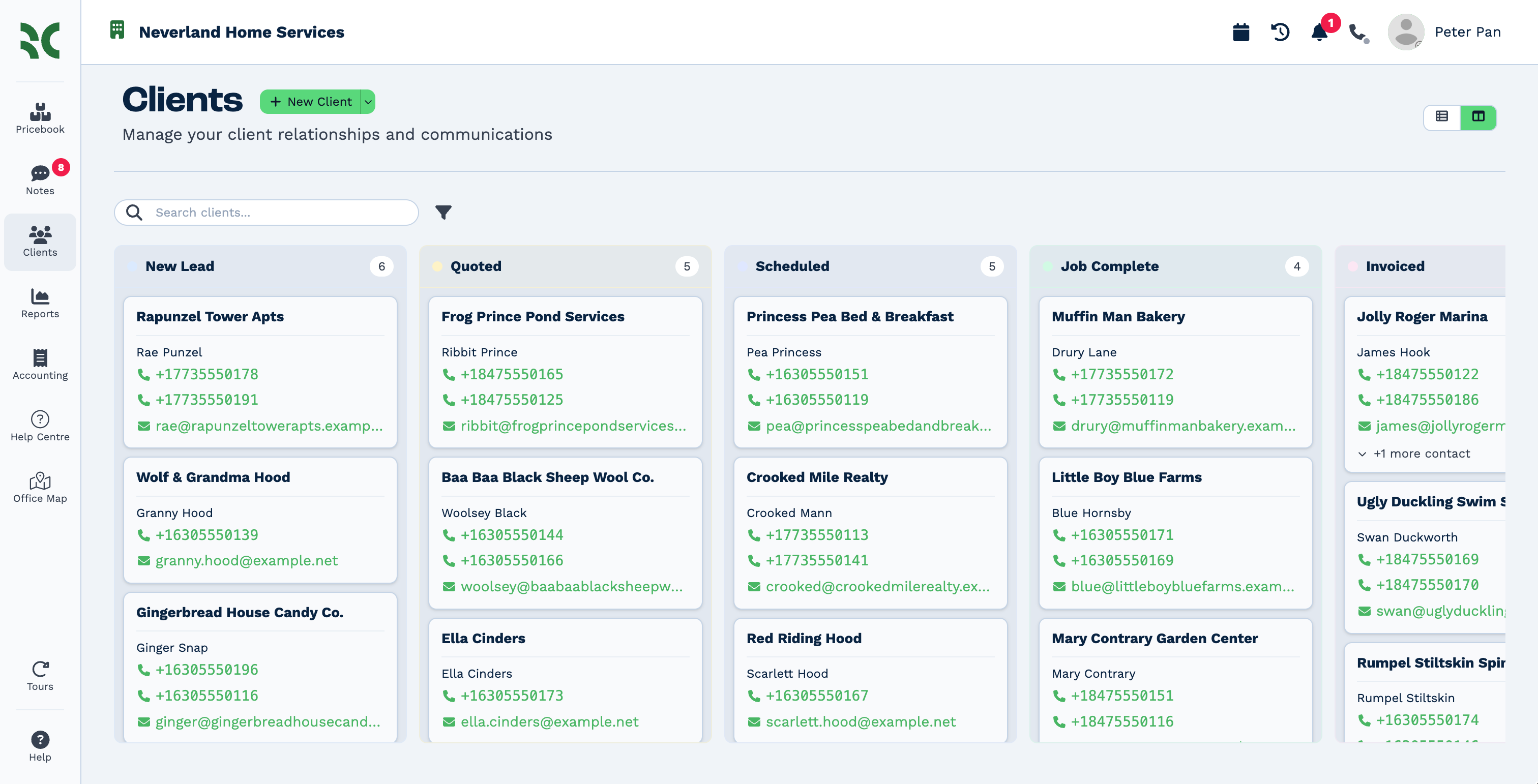 The Kanban board. Columns for New Lead, Quoted, Scheduled, Job Complete and Invoiced, each with a count, and more columns off to the right. Each card shows the client's name, the main contact, their phone numbers and email address