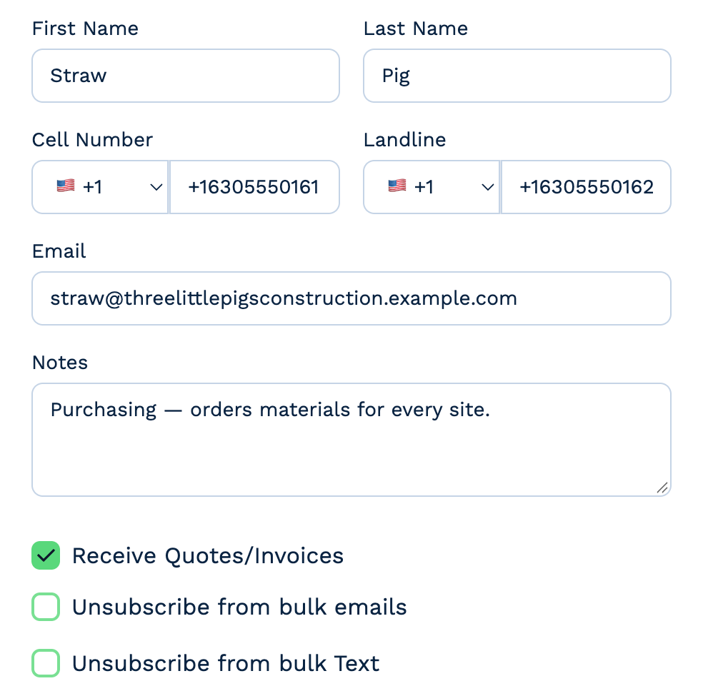 The Add Contact form filled in for Straw Pig: First Name and Last Name, Cell Number and Landline each with a +1 country picker, an email address, the note "Purchasing — orders materials for every site.", Receive Quotes/Invoices ticked, and Unsubscribe from bulk emails and Unsubscribe from bulk Text unticked