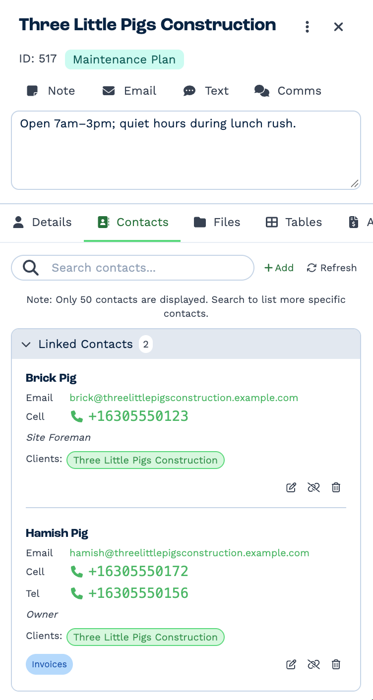The Contacts tab of the Three Little Pigs Construction panel, with a search box, Add and Refresh. Under Linked Contacts (2), a card for Brick Pig with his email address, cell number, the note "Site Foreman" and the client he belongs to, and a card for Hamish Pig with email, cell, landline, the note "Owner", the client and an Invoices badge. Each card has pencil, unlink and bin icons