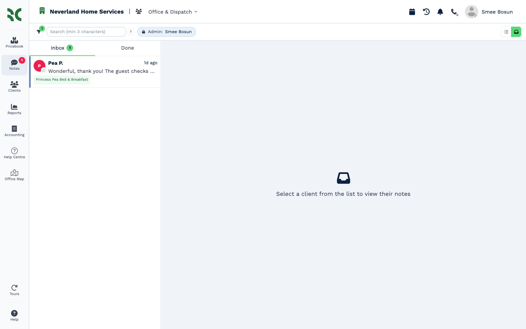 The CRM with the sidebar on the left (Pricebook, Notes, Clients, Reports, Accounting, Help Centre, Office Map, then Tours and Help at the bottom), the top bar with the account name, the team, and Calendar, Activity Log, Notifications, Phone and the user's name on the right, and the Inbox open in the middle