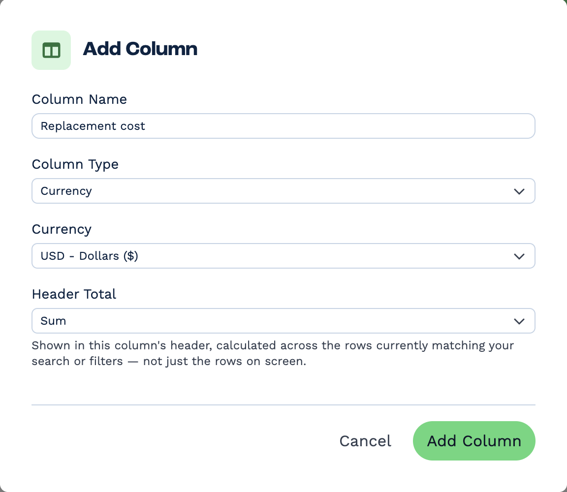 The Add Column window with Column Name Replacement cost, Column Type Currency, Currency USD - Dollars ($), Header Total Sum with its explanation, and the Cancel and Add Column buttons