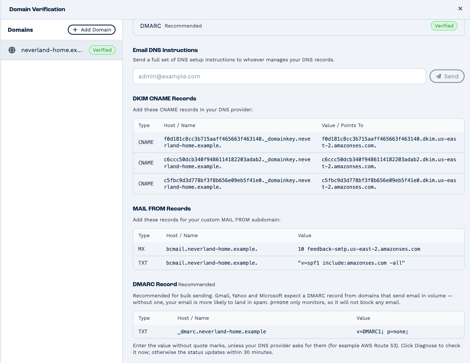 The DNS records: three DKIM CNAME records, the MAIL FROM MX and TXT records, and the recommended DMARC TXT record