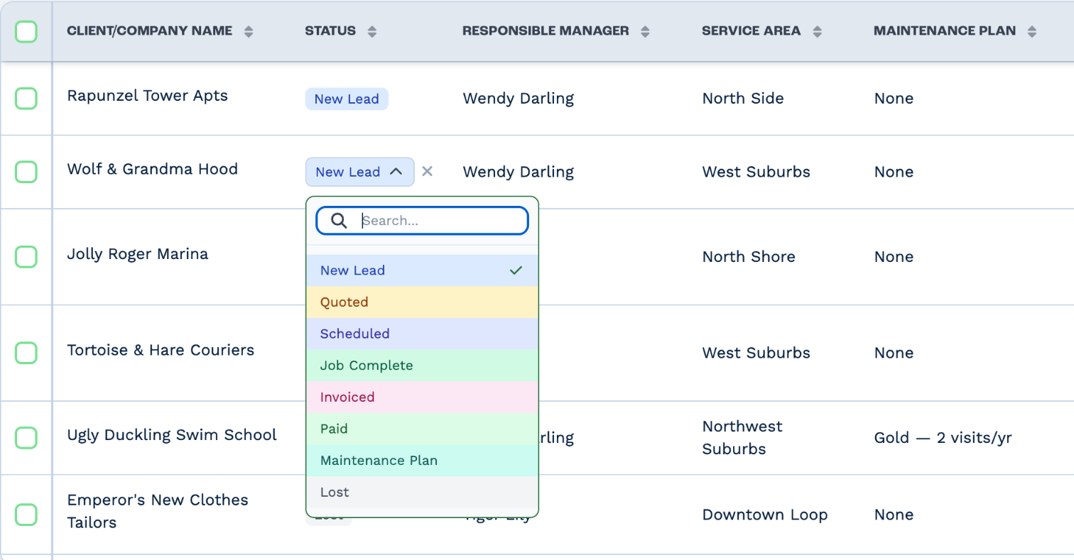 Editing a client's status in the Clients table. The Status cell of Wolf & Grandma Hood is open as a dropdown with a search box, listing New Lead (ticked), Quoted, Scheduled, Job Complete, Invoiced, Paid, Maintenance Plan and Lost