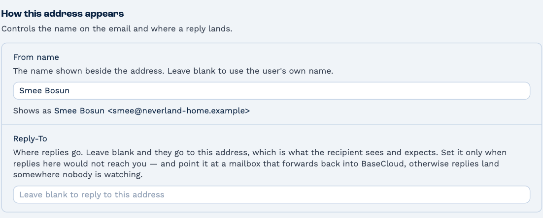 How this address appears: From name set to Smee Bosun, showing as Smee Bosun <smee@neverland-home.example>, and an empty Reply-To box reading "Leave blank to reply to this address"