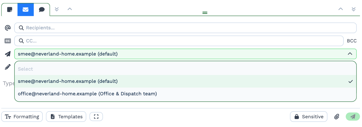 The email editor: Recipients, CC and BCC, the Send from list open with smee@neverland-home.example (default) ticked and office@neverland-home.example (Office & Dispatch team) below it, then the Formatting, Templates, full-screen, Sensitive, attachment and send buttons