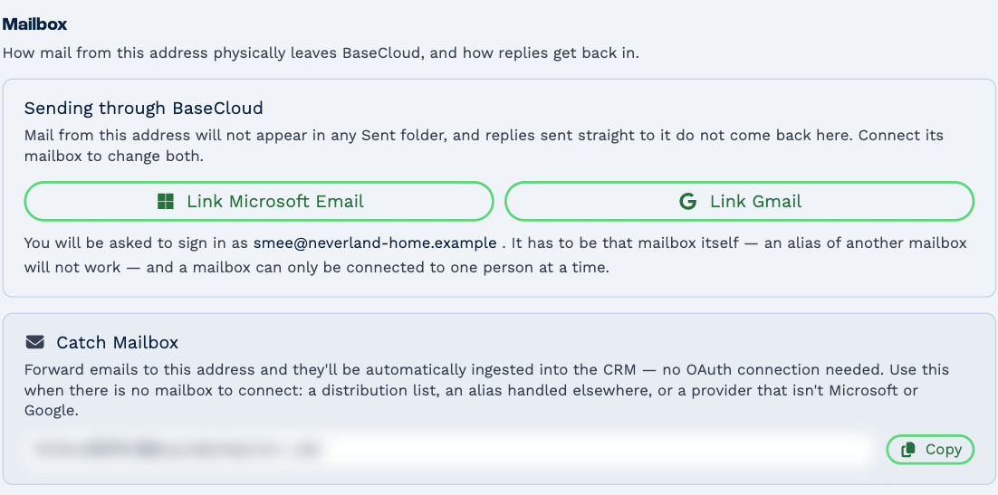 The Mailbox section: "Sending through BaseCloud", with Link Microsoft Email and Link Gmail buttons and a note that you'll be asked to sign in as smee@neverland-home.example; below it the Catch Mailbox address, blurred, with a Copy button