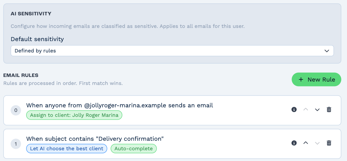 Email Rules: AI Sensitivity with Default sensitivity set to Defined by rules, then two rules — "When anyone from @jollyroger-marina.example sends an email", assigned to the client Jolly Roger Marina; and "When subject contains "Delivery confirmation"", with Let AI choose the best client and Auto-complete