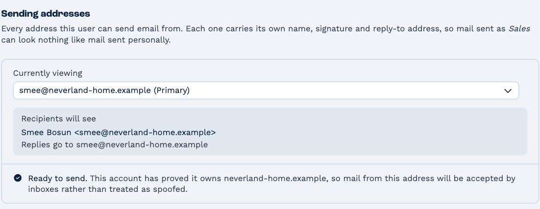 Sending addresses: Currently viewing smee@neverland-home.example (Primary), a box reading "Recipients will see Smee Bosun <smee@neverland-home.example>, Replies go to smee@neverland-home.example", and below it "Ready to send. This account has proved it owns neverland-home.example, so mail from this address will be accepted by inboxes rather than treated as spoofed."
