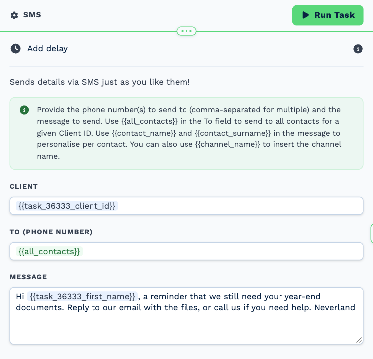 The SMS task named Text a nudge, opened to its settings