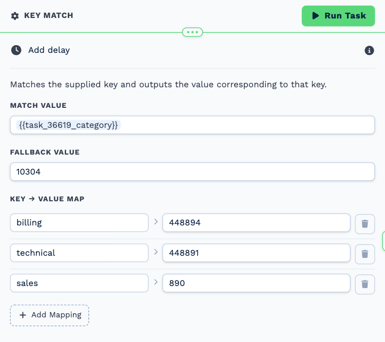 The Key Match task named Pick the owner, opened to its settings