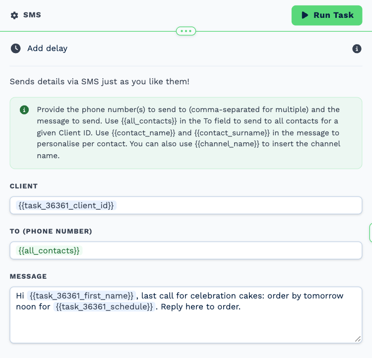 The SMS task named Last-call text, opened to its settings