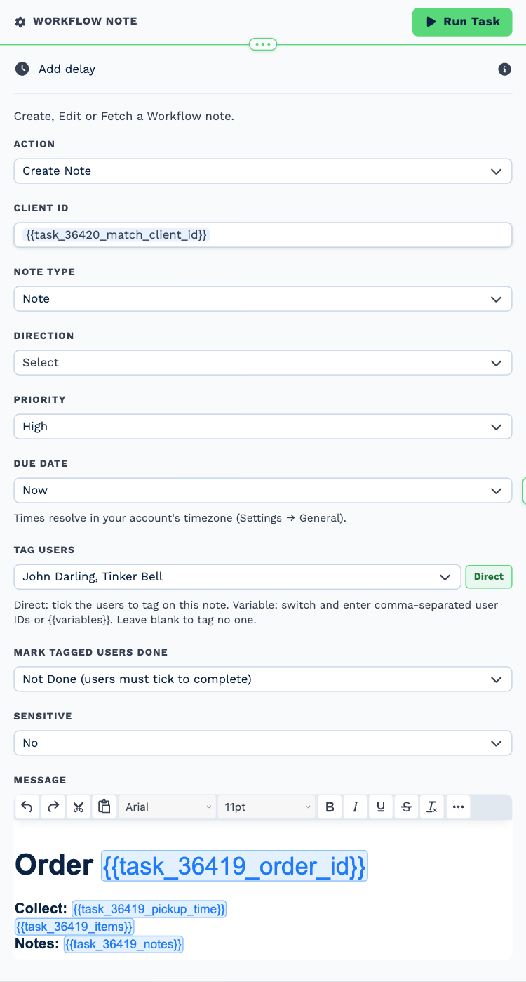 The Workflow Note task named Kitchen ticket, opened to its settings