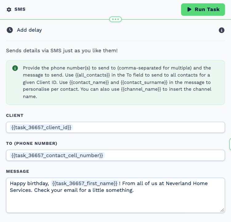 The SMS task named Birthday text, opened to its settings
