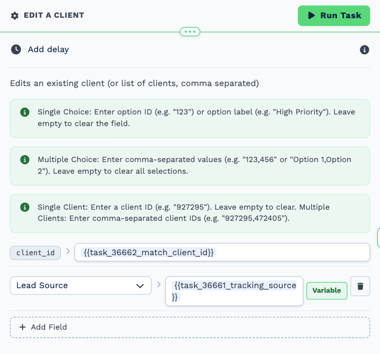 The Edit a Client task named Set lead source, opened to its settings