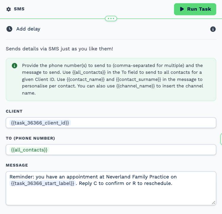 The SMS task named Text a reminder, opened to its settings