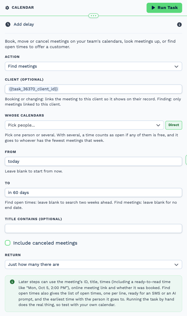 The Calendar task named Booked already?, opened to its settings