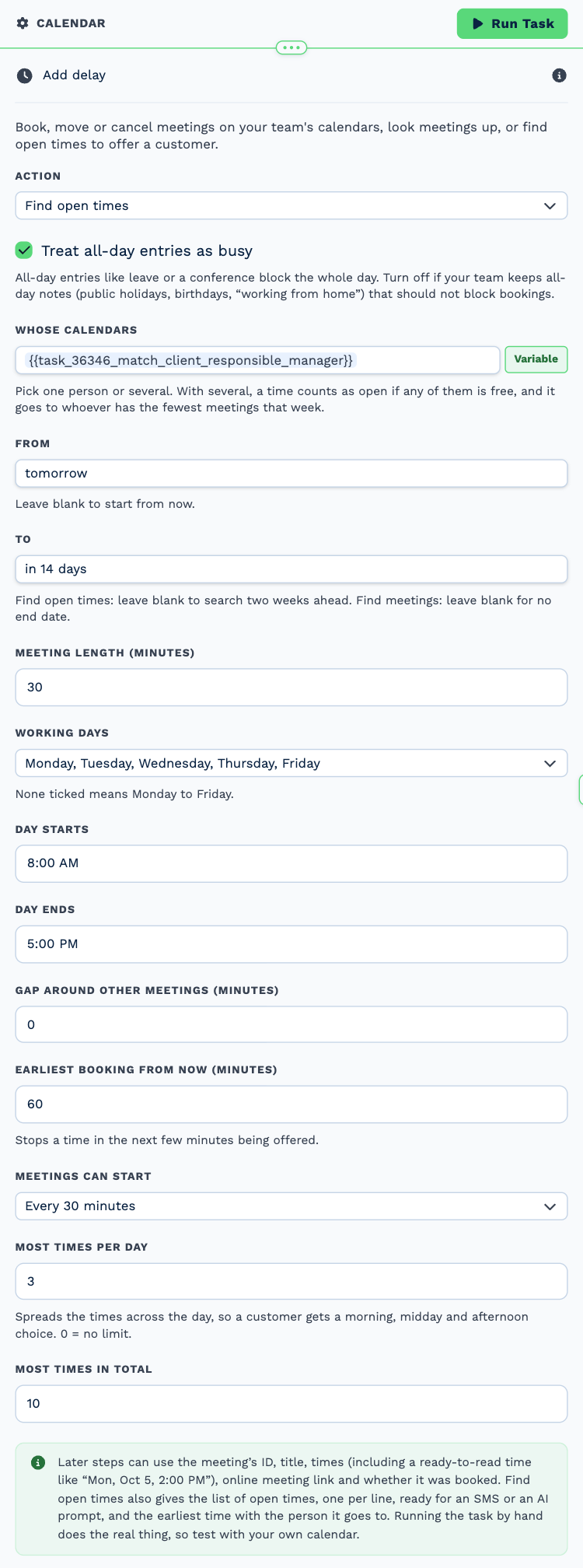 The Calendar task named Find open times, opened to its settings