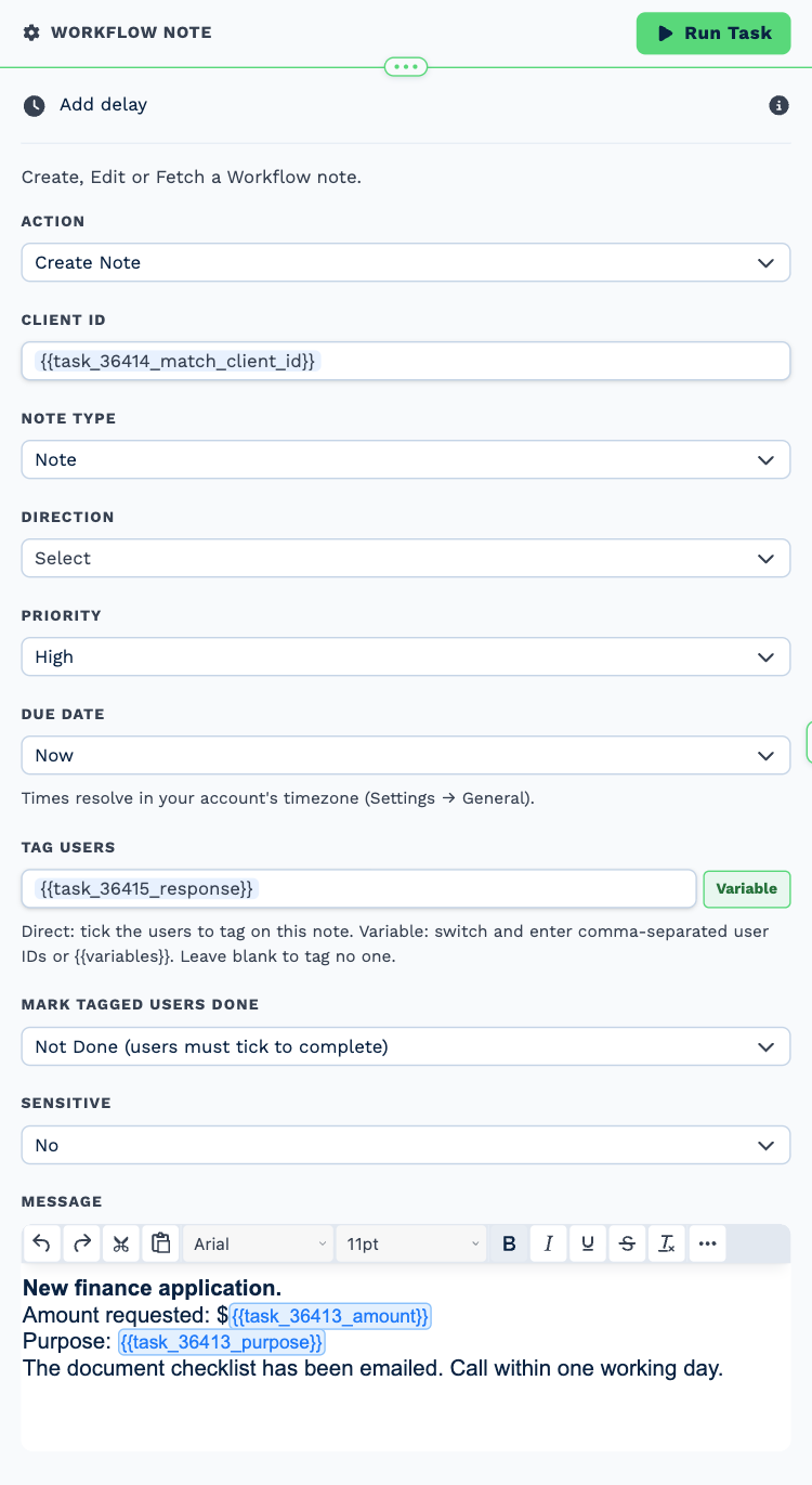 The Workflow Note task named Brief adviser, opened to its settings
