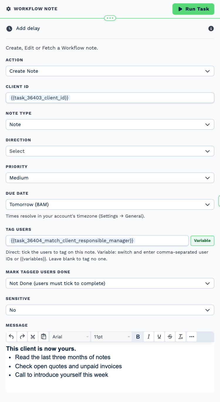 The Workflow Note task named Handover list, opened to its settings