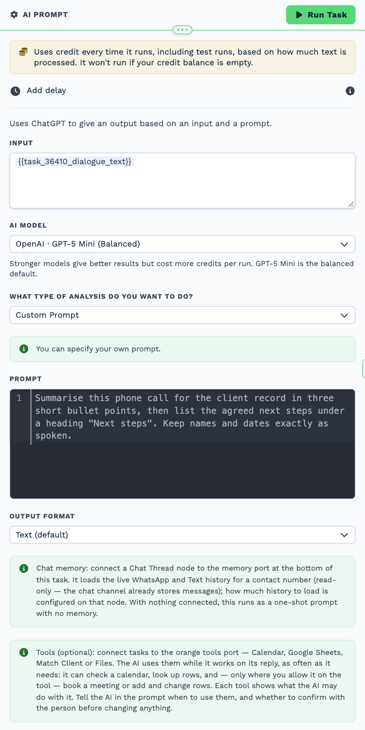 The AI Prompt task named Summarise, opened to its settings