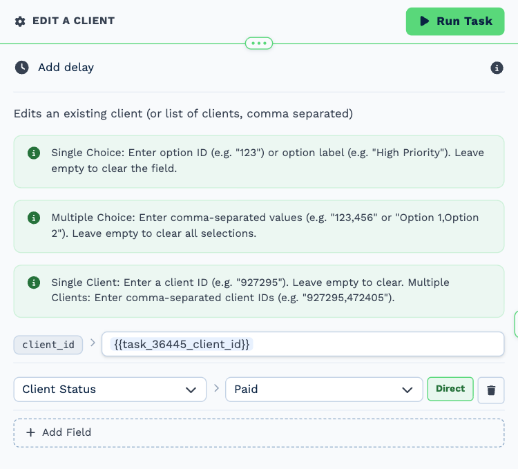 The Edit a Client task named Move to Paid, opened to its settings