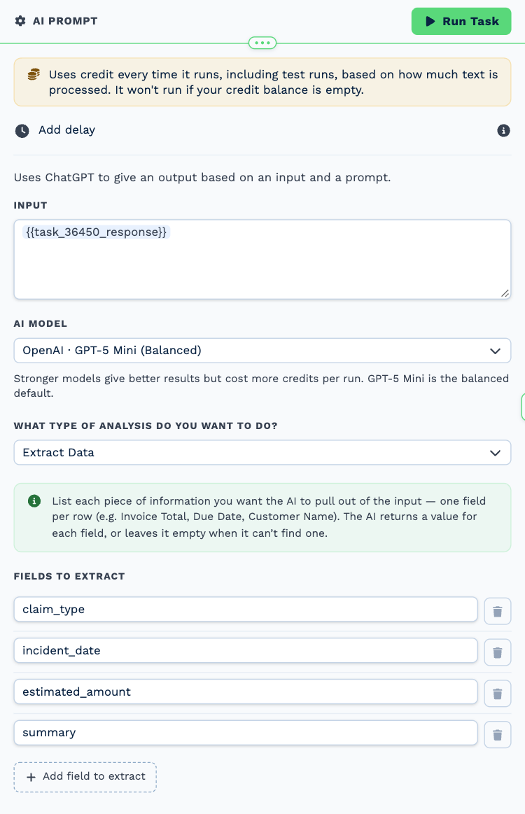 The AI Prompt task named Read the claim, opened to its settings