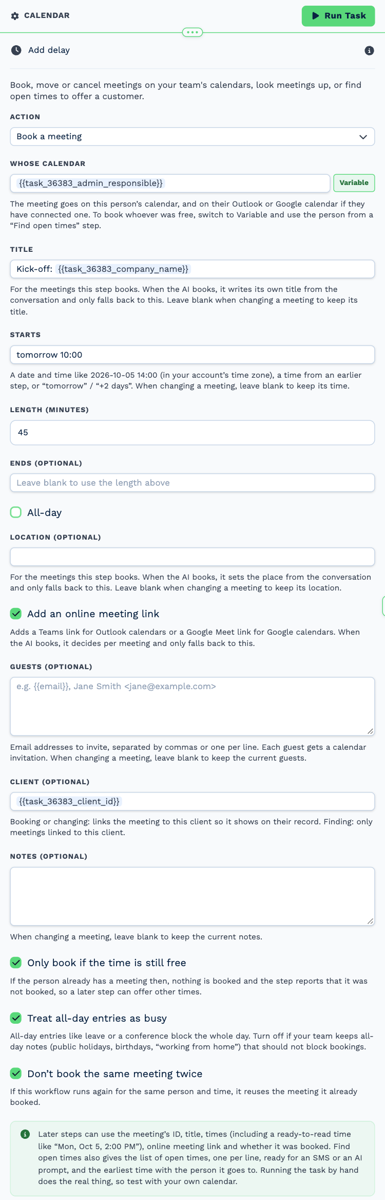 The Calendar task named Book kick-off, opened to its settings