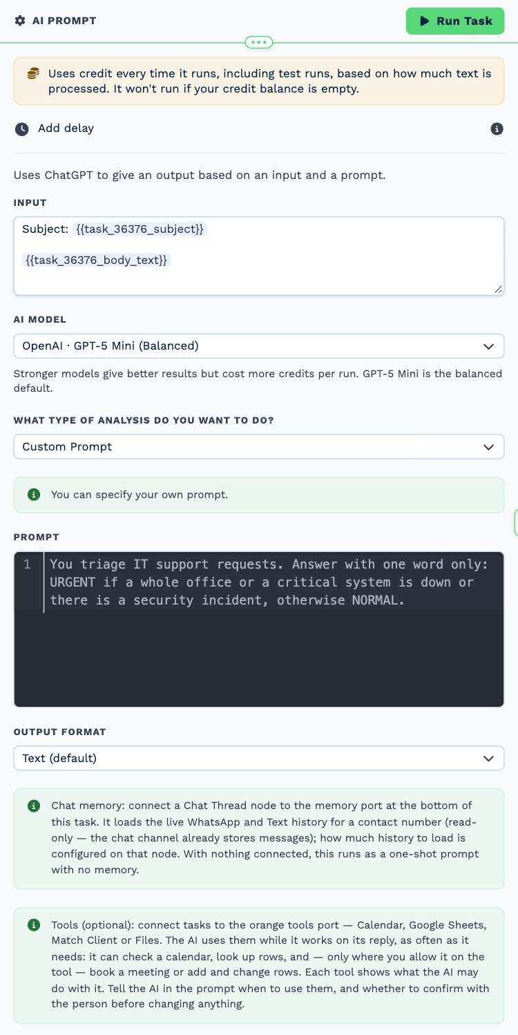 The AI Prompt task named Rate urgency, opened to its settings