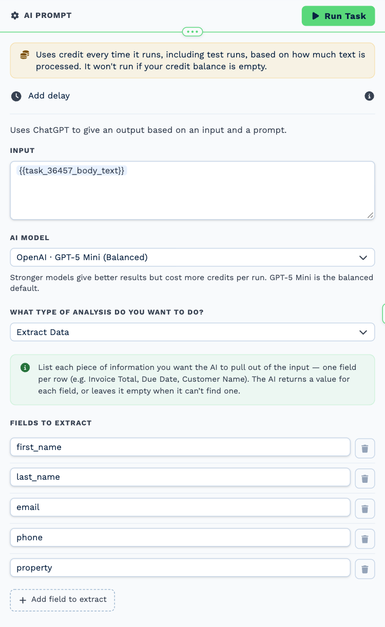 The AI Prompt task named Read enquiry, opened to its settings