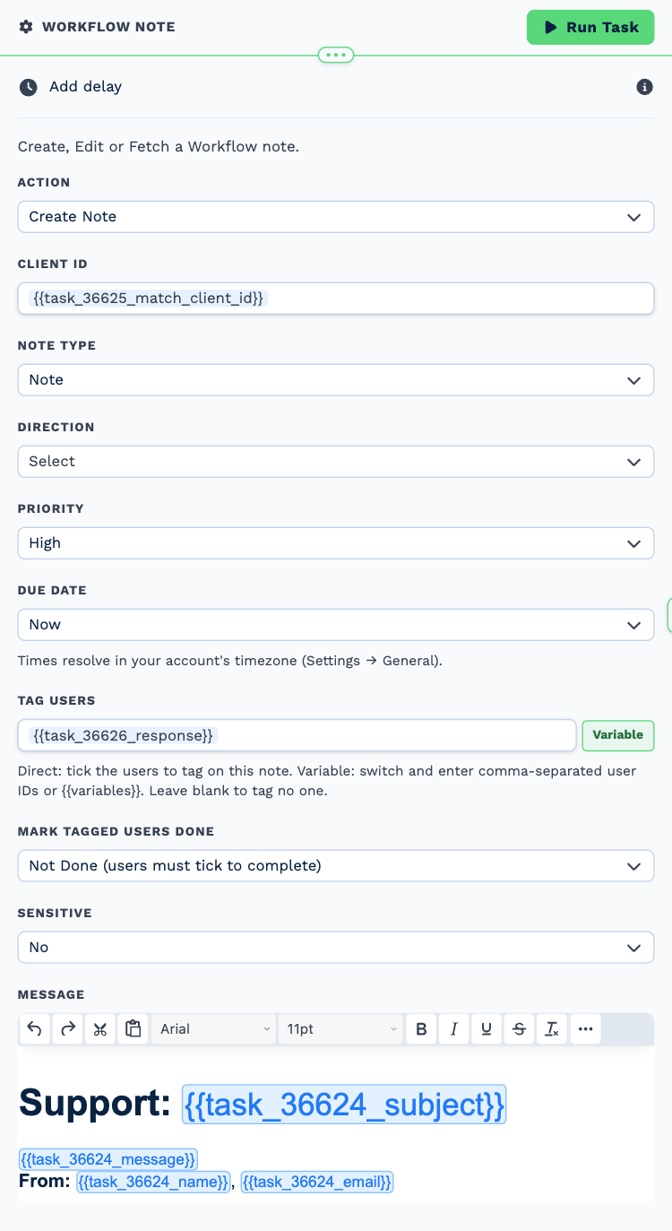 The Workflow Note task named Create ticket, opened to its settings
