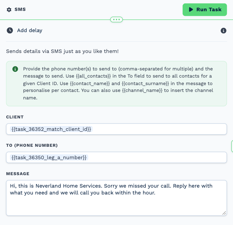The SMS task named Text them back, opened to its settings