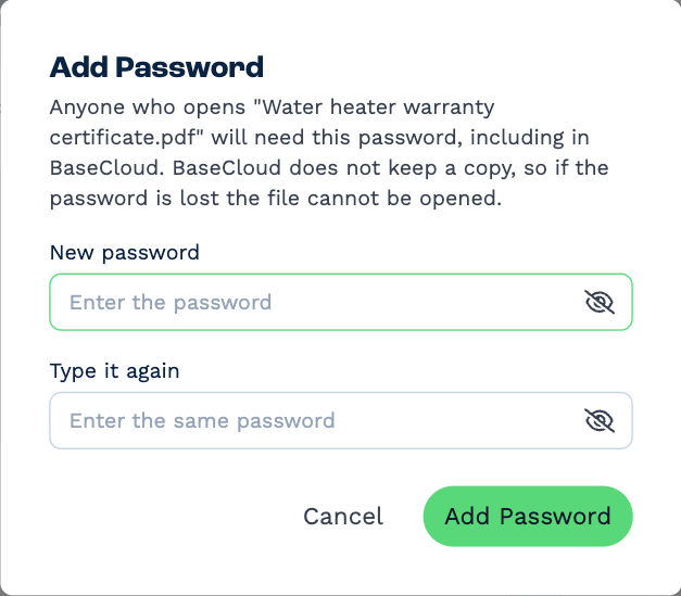 The Add Password box, warning that anyone who opens the file will need the password, including in BaseCloud, and that BaseCloud does not keep a copy — with New password and Type it again fields